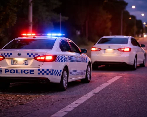 Traffic stop on Gold Coast with police car lights behind vehicle
