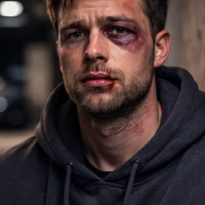 Person with visible facial injuries representing assault charges Gold Coast